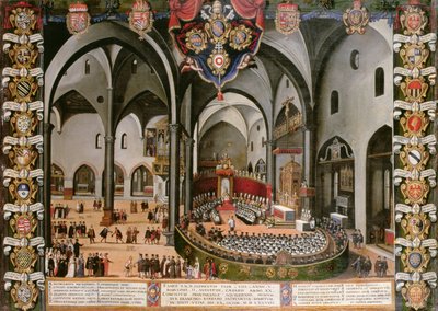 Puerta del órgano que representa el Concilio de Aquilea en 1596 en Udine de Lodovico Pozzerrato